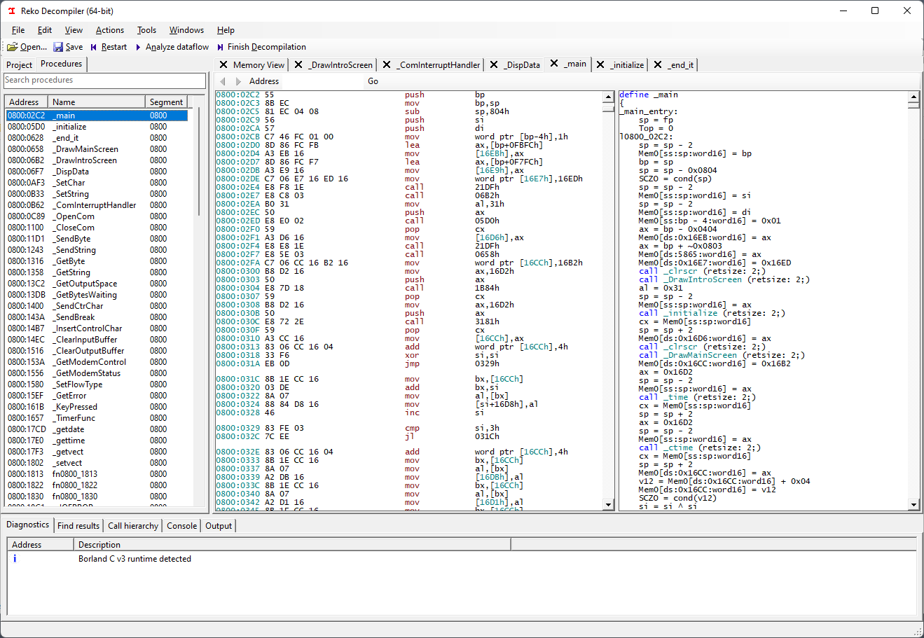 The Reko decompiler working with my MS-DOS app.